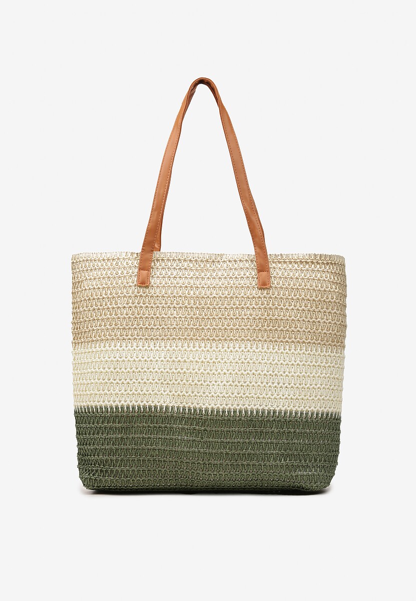 Beżowo-Zielona Jednokomorowa Torebka Tote Ozdobiona Plecionką Elwing