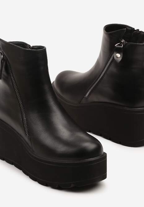 Czarne Casualowe Botki na Koturnie i Platformie z Ekoskóry Wykończone Suwakiem Irilorae