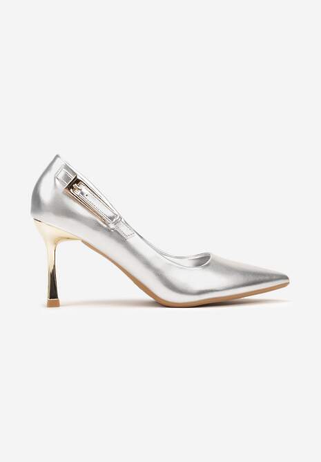 Srebrne Czółenka na Szpilce Wykończone Ozdobną Klamrą Neviauna