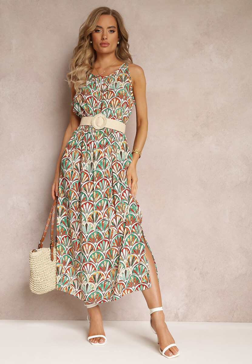 Brązowo-Zielona Sukienka w Ornamentalny Wzór z Wiskozy z Gumką w Talii Lellte