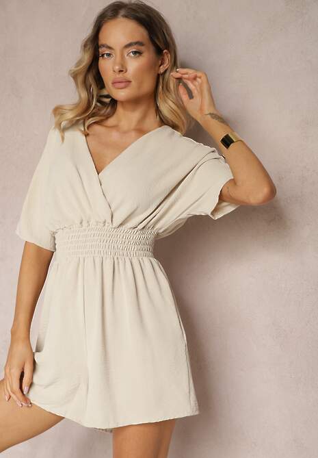 Beżowy Kombinezon Kopertowy z Gumką w Pasie Fandrea