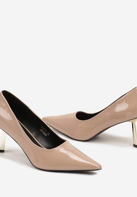 Beżowe Eleganckie Czółenka Lakierowane na Szpilce z Metalicznym Wykończeniem Rivathra