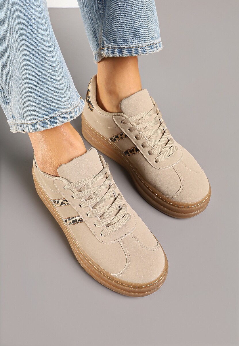 Ciemnobeżowe Sneakersy na Tłoczonej Platformie Ozdobione Paskami Felainora