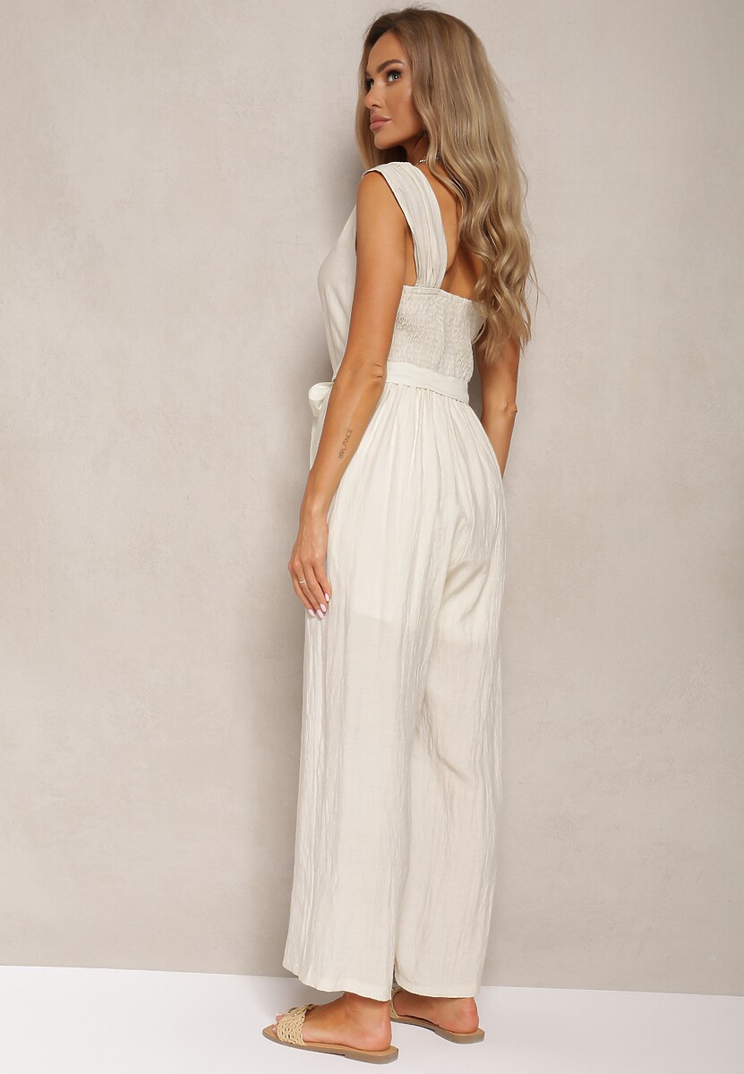 Jasnobeżowy Kombinezon z Wiskozy z Szerokimi Nogawkami z Gumką w Pasie i Materiałowym Paskiem Acladia