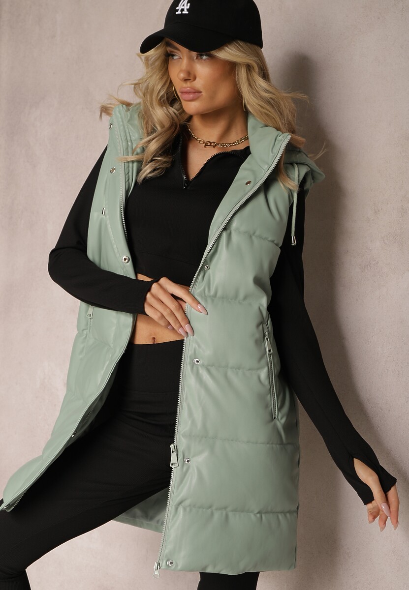 Zielona Pikowana Kamizelka z Ekoskóry i Kapturem Palermia