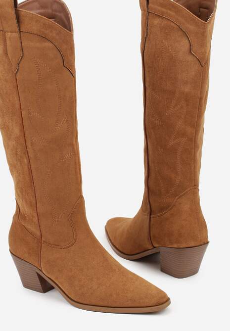 Jasnobrązowe Haftowane Kozaki Kowbojki na Stożkowym Obcasie Galianna