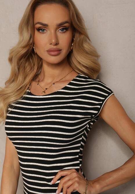 Czarno-Biała Sukienka o Dopasowanym Kroju bez Rękawów z Rozcięciami Vlalia