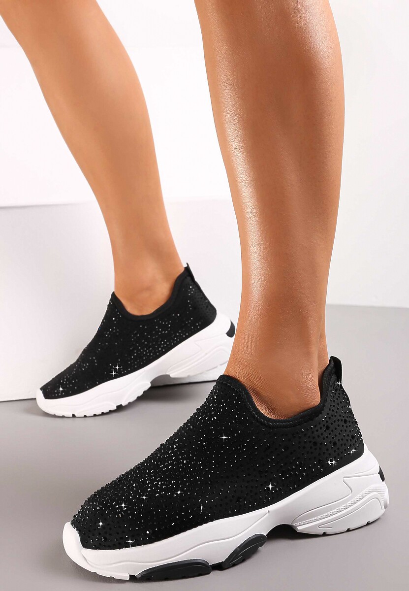 Czarne Wsuwane Sneakersy Zdobione Drobnymi Cyrkoniami Alitria