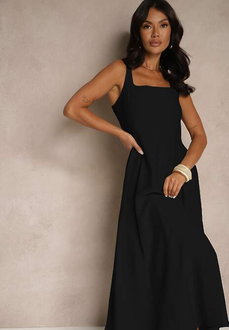 Czarna Rozkloszowana Sukienka z Wiskozy Ozdobiona Kwadratowym Dekoltem Avledia