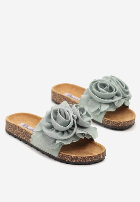 Jasnozielone Klapki na Platformie z Korka Ozdobione Kwiatami 3D Meralira