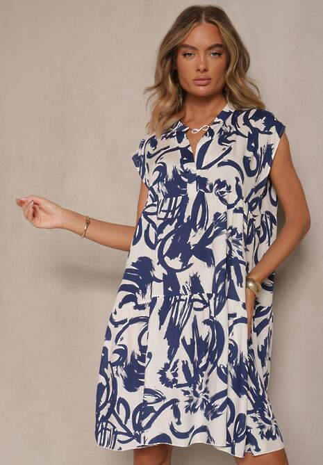 Niebieska Sukienka z Bawełny Ozdobiona Abstrakcyjnym Motywem Lisovia