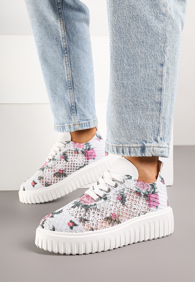 Biało-Różowe Sneakersy Vices na Platformie z Ażurową Cholewką Lumerise