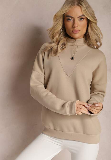 Beżowa Ocieplana Bluza Bawełniana z Półgolfem Heraia
