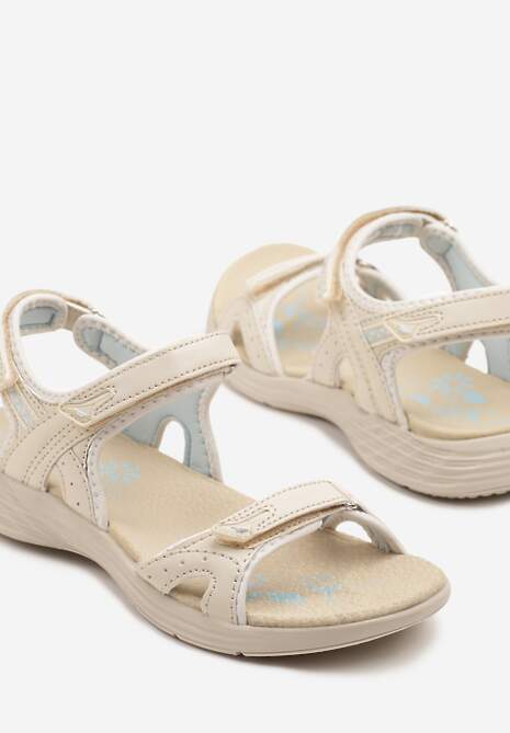 Beżowo-Niebieskie Sandały Zapinane na Rzep z Wkładką ze Skóry Naturalnej Ficara
