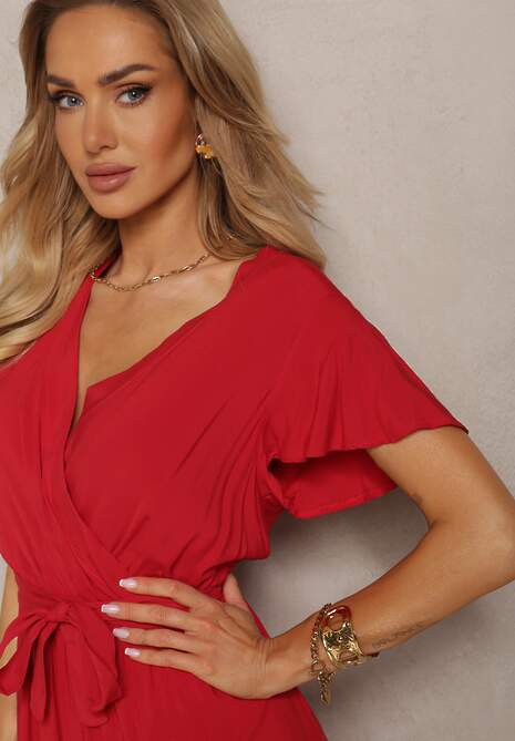 Czerwona Rozkloszowana Sukienka Midi z Wiązanym Paskiem Elemia