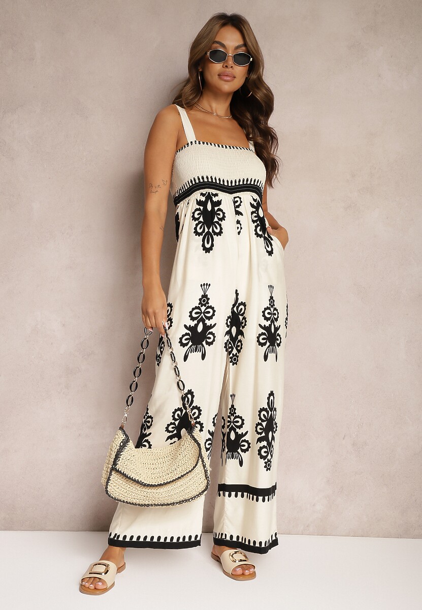 Zielony Wiskozowy Kombinezon z Marszczonym Dekoltem na Ramiączkach z Długimi Nogawkami Amperia