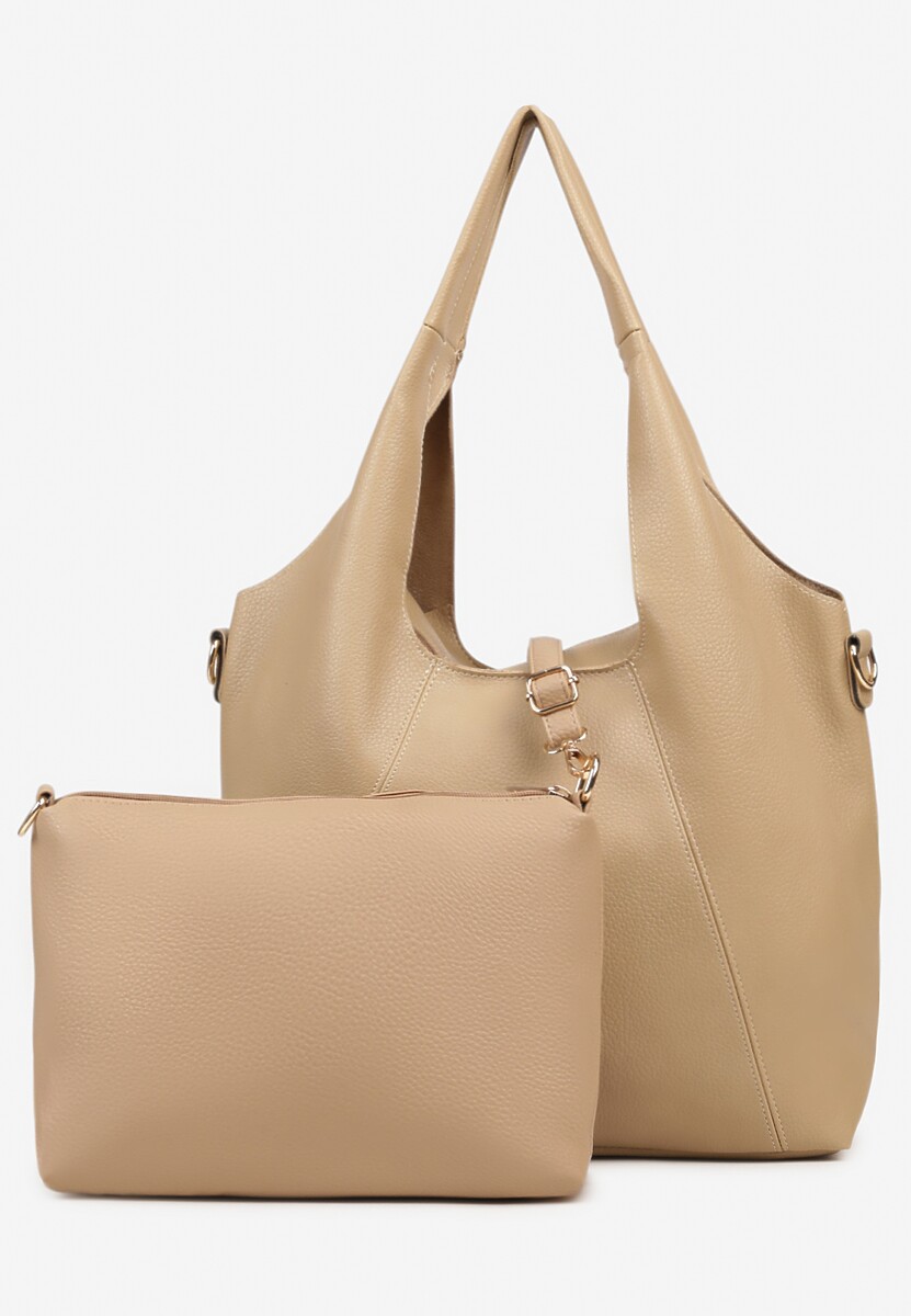 Ciemnobeżowa Torebka Shopperka Ozdobiona Przeszyciami z Dodatkową Saszetką Latavena