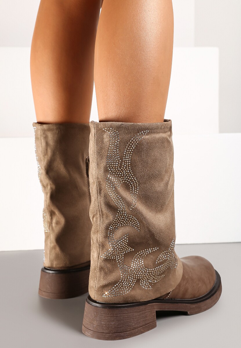 Ciemnobeżowe Płaskie Botki Ozdobione Cyrkoniami i Wywiniętą Cholewką Lemilia
