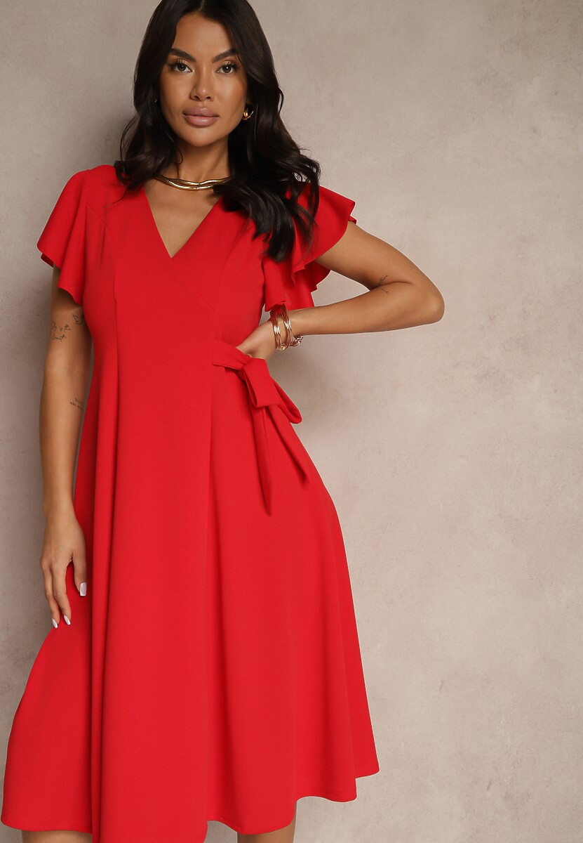 Brązowa Kopertowa Sukienka z Rozkloszowanym Dołem i Ozdobnym Wiązaniem Dannola