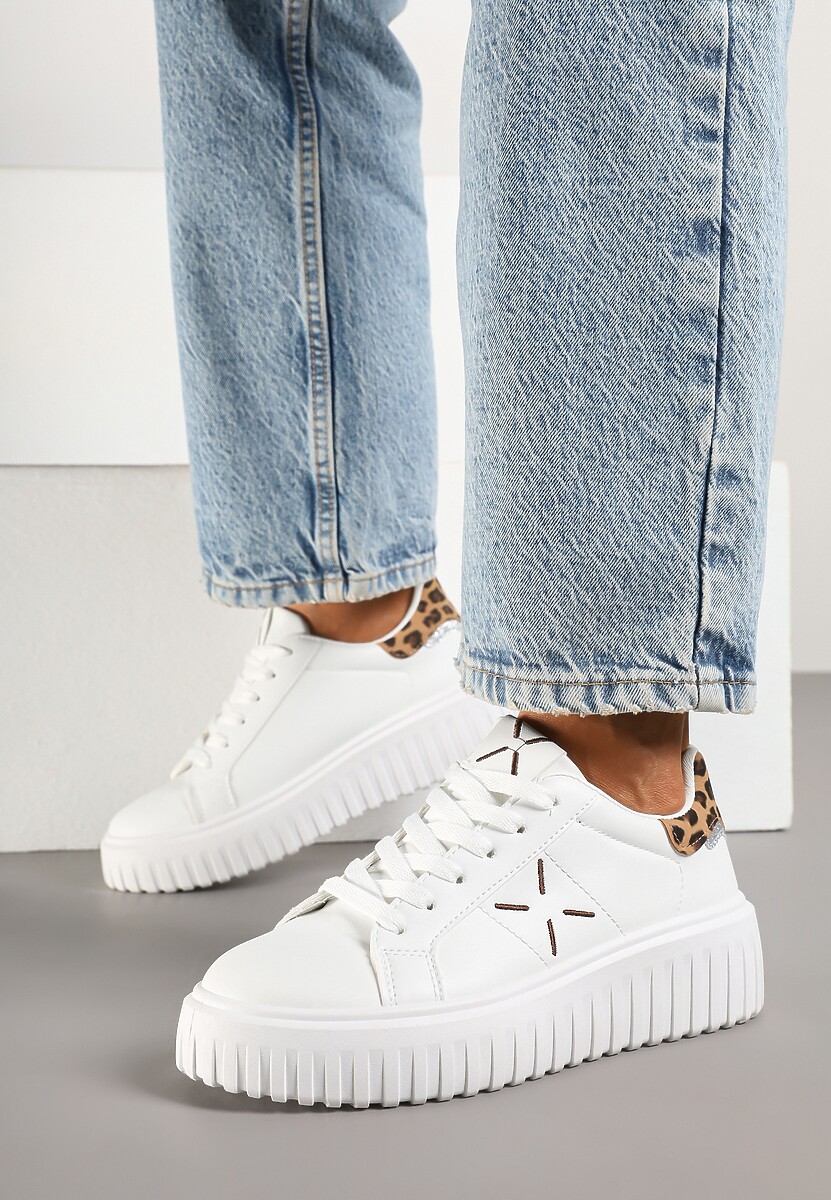Białe Panterkowe Sneakersy na Platformie z Tłoczeniem i Brokatową Wstawką Nuselin