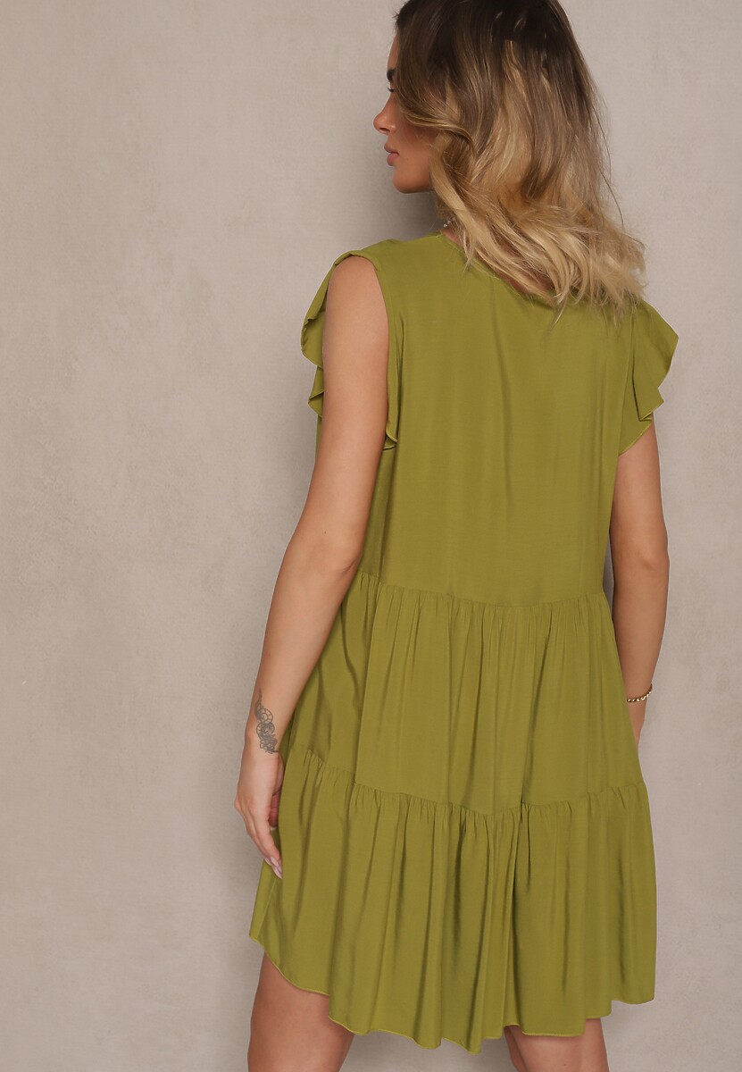 Zielona Bawełniana Sukienka Rozkloszowana z Falbankami Mirlio
