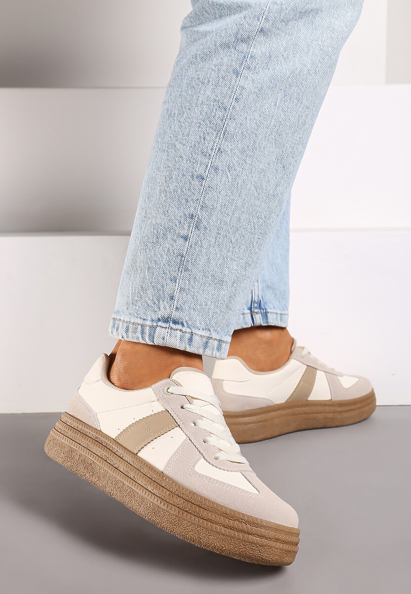 Ciemnobeżowe Sneakersy na Grubej Podeszwie z Ozdobnymi Przeszyciami Ysdole