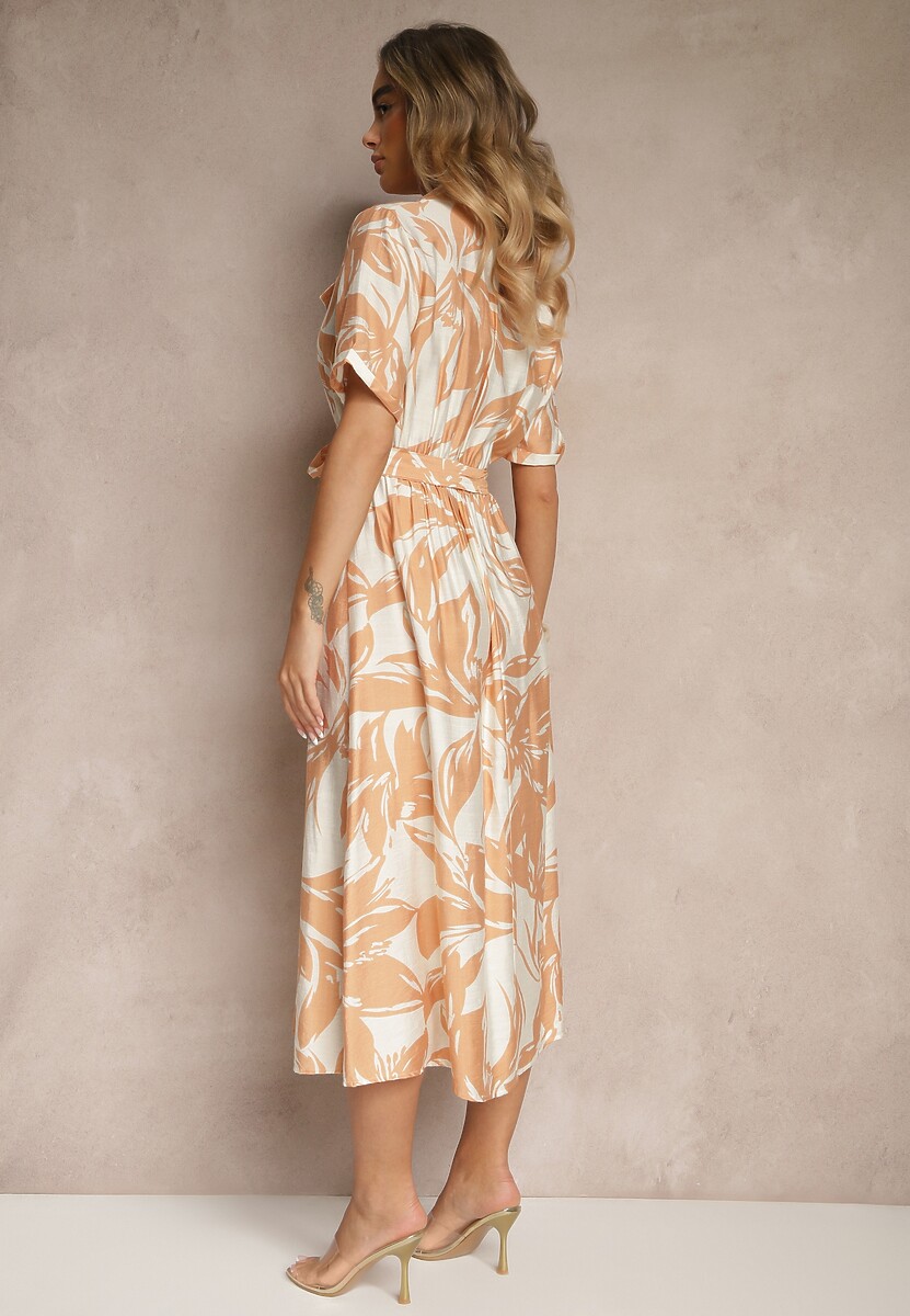 Beżowa Koszulowa Sukienka z Wiskozy z Wiązanym Paskiem Ullosaria