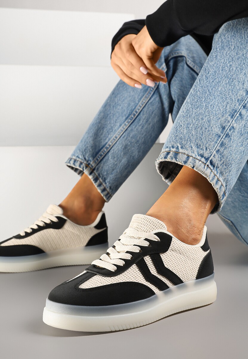 Czarno-Beżowe Sneakersy Tenisówki Ozdobione Paskami Falovinia