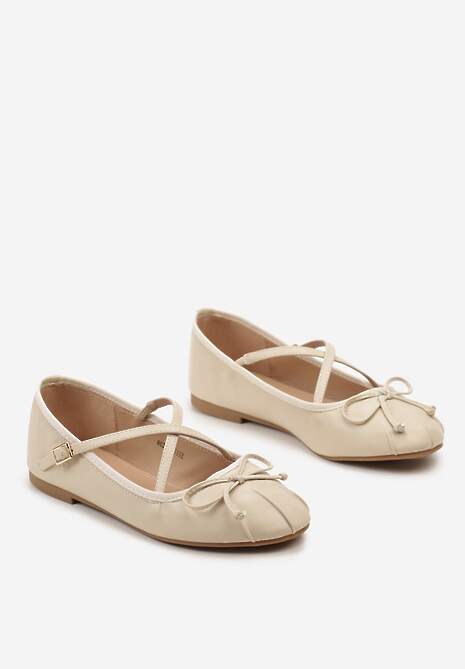 Beżowe Balerinki z Ozdobnymi Paskami na Sprzączkę i Kokardką Zrisa