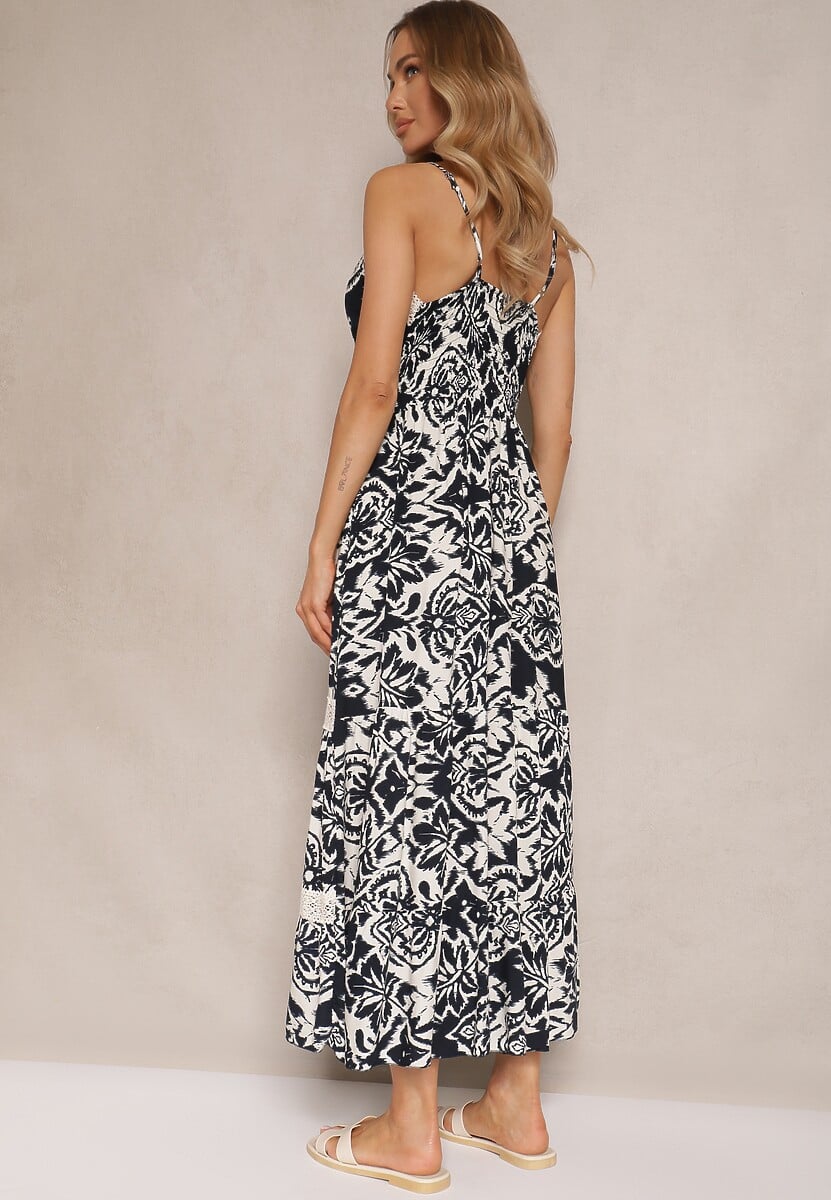 Granatowa Sukienka z Bawełny o Rozkloszowanym Kroju w Etniczny Print Taliraya