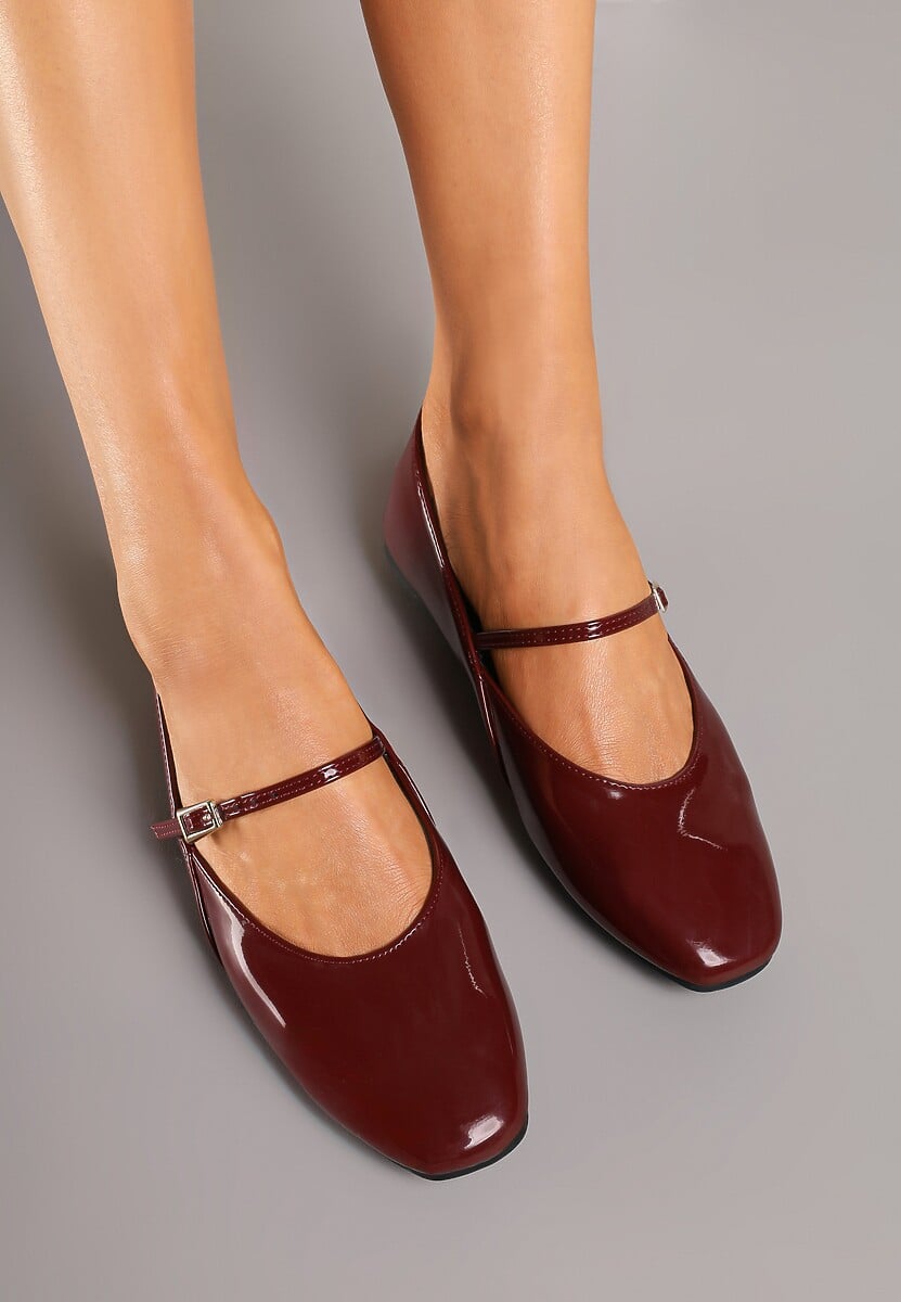 Bordowe Balerinki Mary Jane na Płaskiej Podeszwie z Paskami na Sprzączki Zinitia