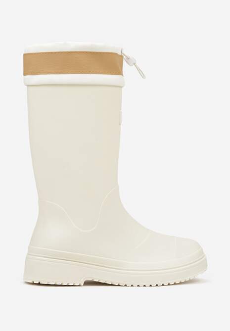 Białe Kalosze Ozdobione Napisem ze Ściągaczem przy Cholewce Voslia