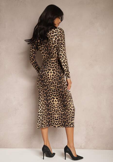 Brązowa Koktajlowa Sukienka w Panterkę Midi Ozdobiona Rozcięciem na Dole i Wycięciami w Talii Aletines