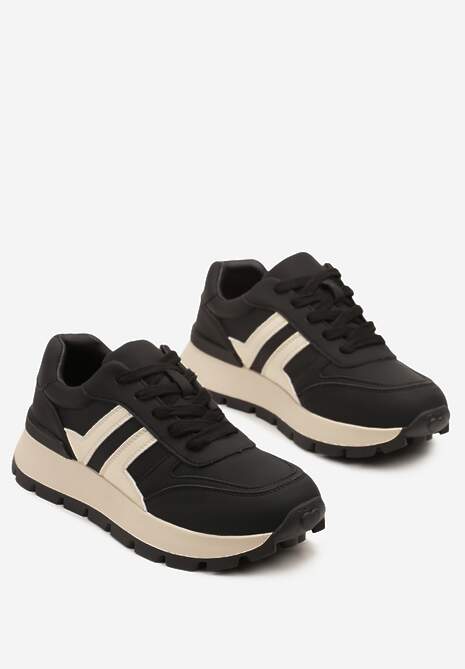 Czarno-Beżowe Sneakersy na Grubej Podeszwie Zdobione Przeszyciami Lulline
