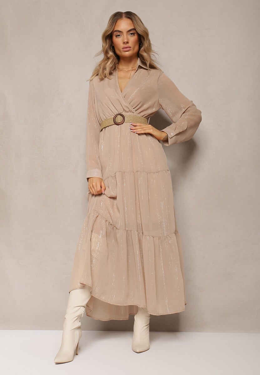 Beżowa Sukienka z Kopertowym Dekoltem i Plecionym Paskiem Velo