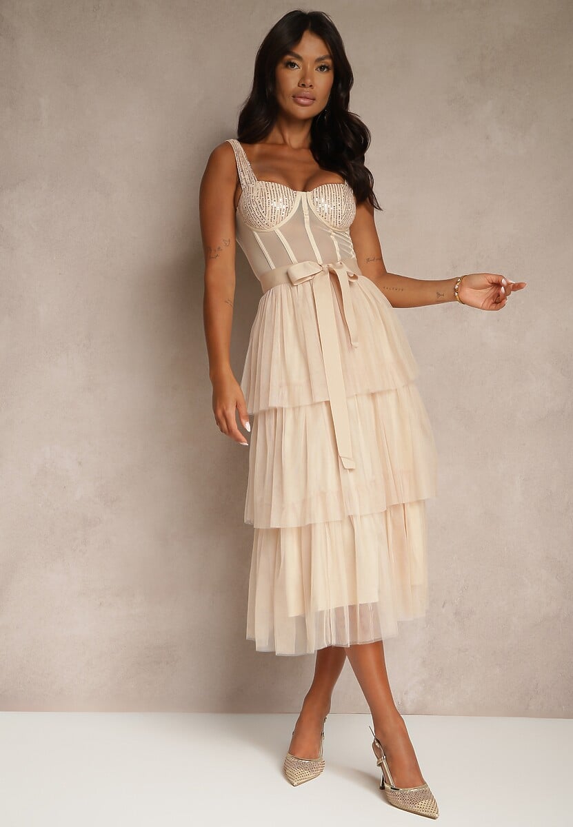 Beżowa Koktajlowa Sukienka na Ramiączkach Ozdobiona Cekinami Falbanami i Kokardą Inalisa
