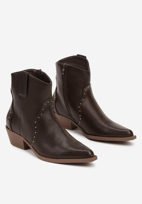 Brązowe Szpiczaste Botki w Stylu Kowbojskim z Nitami  Mevanta