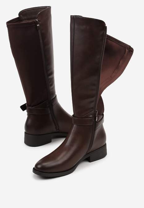 Brązowe Kozaki w Stylu Oficerek Ozdobione Klamrami Otima