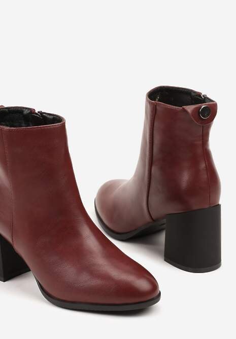 Bordowe Eleganckie Botki Vices na Słupku z Okrągłym Detalem przy Cholewce Widvire