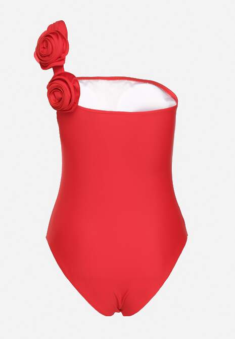 Czerwony Strój Kąpielowy Jednoczęściowy o Asymetrycznym Kroju z Kwiatową Aplikacją Irisabel