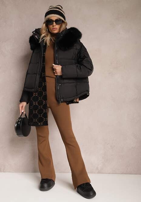 Czarna Pikowana Kurtka z Kapturem i Futerkiem Komisia