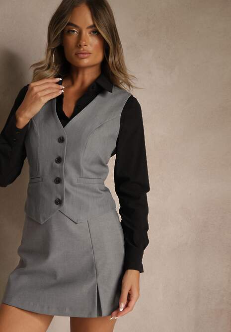 Szara Kamizelka na Guziki bez Rękawów Ellowen