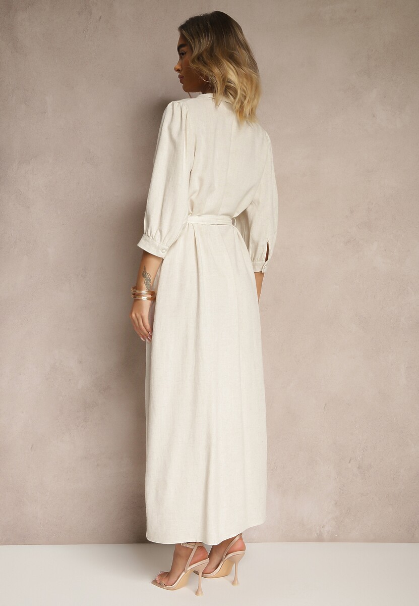 Ciemnobeżowa Sukienka Koszulowa z Wiskozą Lnem i Paskiem Galenena