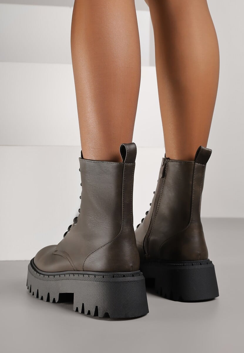 Szare Sznurowane Botki na Platformie w Stylu Workerów Sairene