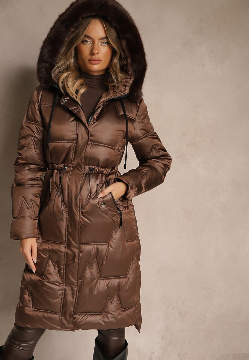 Ciemnobeżowa Długa Kurtka z Pikowanymi Przeszyciami i Kapturem Ściągana w Talii Galeatia