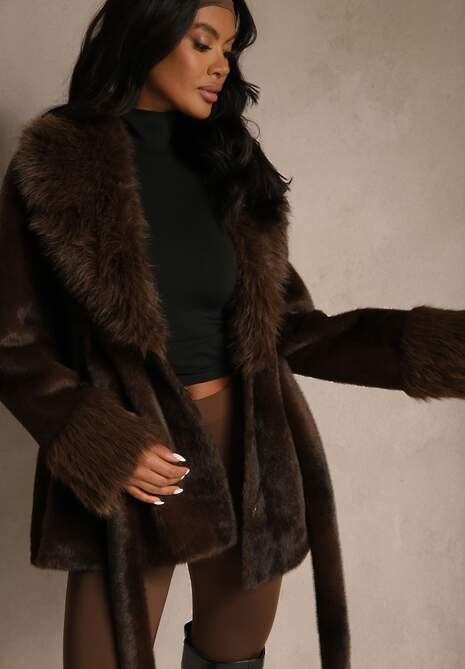 Brązowa Kurtka Futerko z Wiązanym Paskiem i Szerokim Kołnierzem Coverra