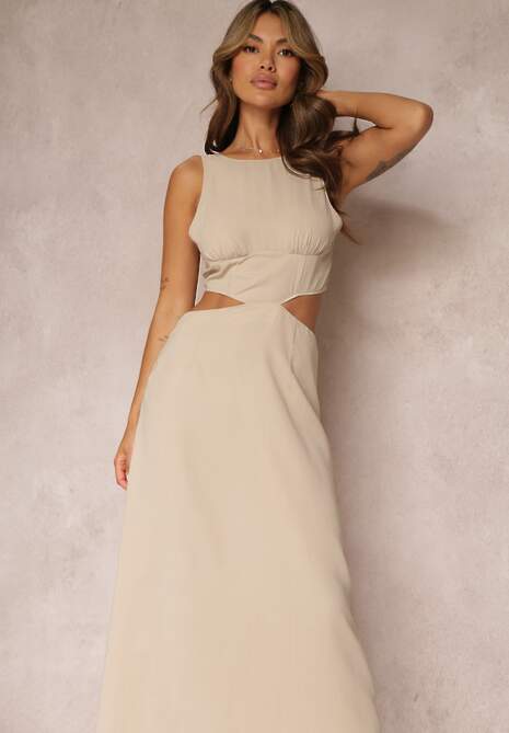 Beżowa Sukienka Maxi z Wycięciami i Wiązaniem na Plecach Madissa