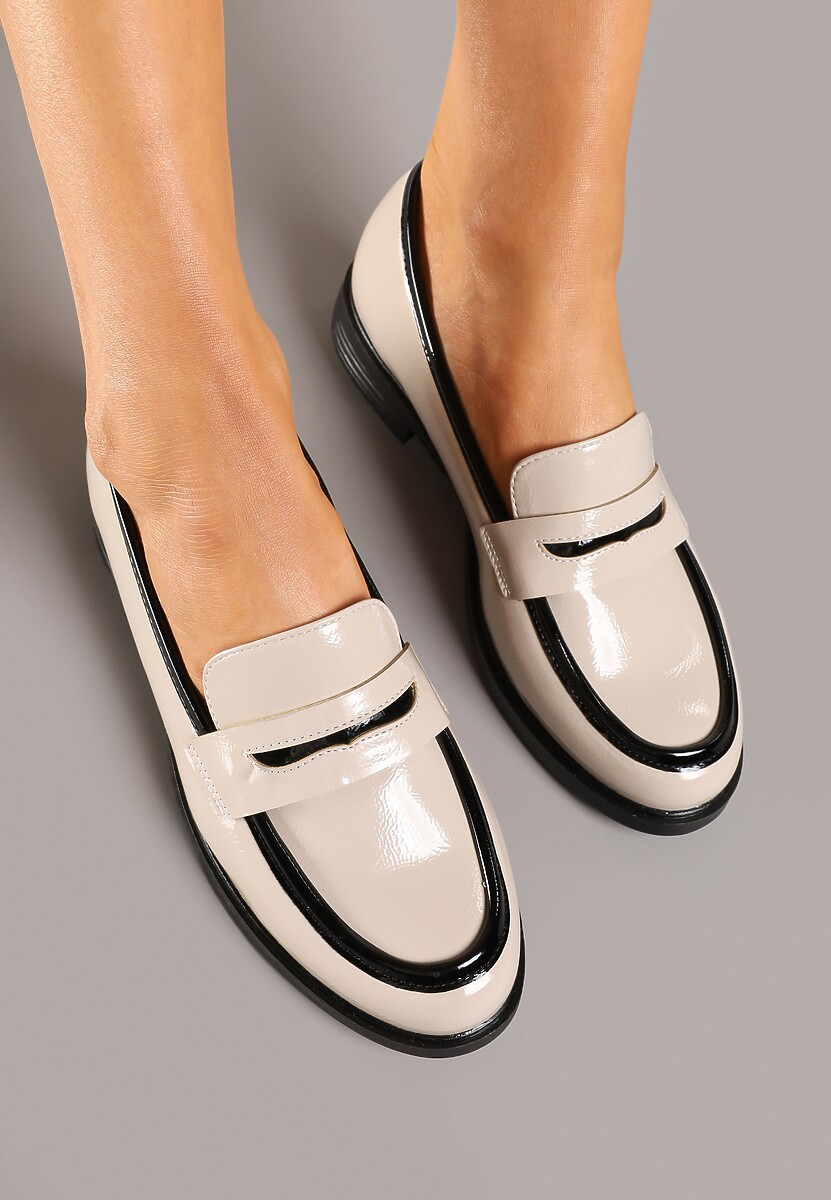 Beżowe Mokasyny Lakierowane ze Skórzaną Wkładką i Kontrastową Lamówką Beldiva