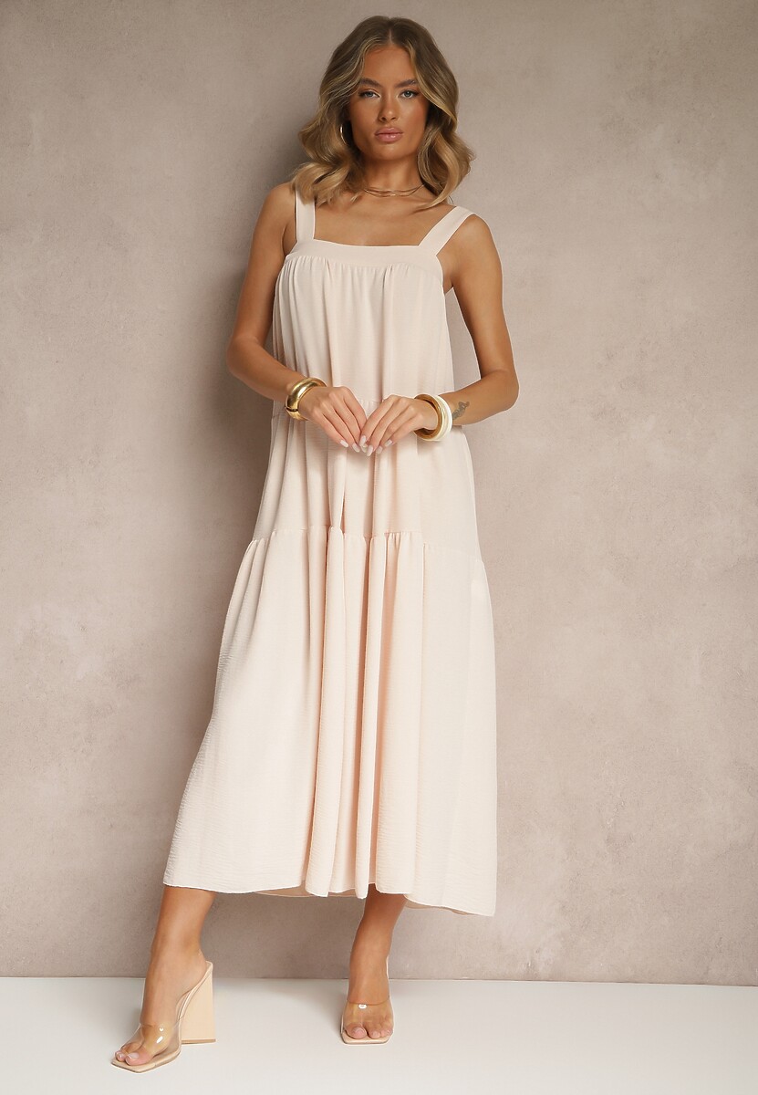 Beżowa Rozkloszowana Sukienka Ozdobiona Wiązaniem na Plecach Saviande