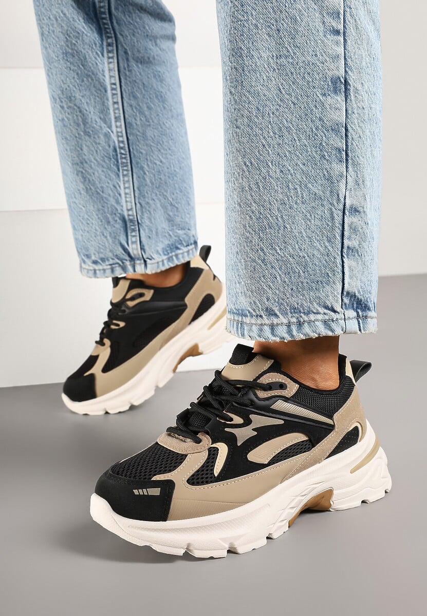Czarno-Beżowe Sneakersy na Tłoczonej Platformie z Geometrycznymi Wstawkami Asloria